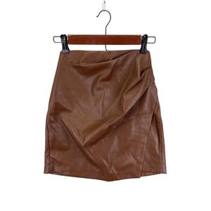 Wilfred Free Women's 0 Brown Faux Leather Mini‎ Skirt Ruched Front High Waist